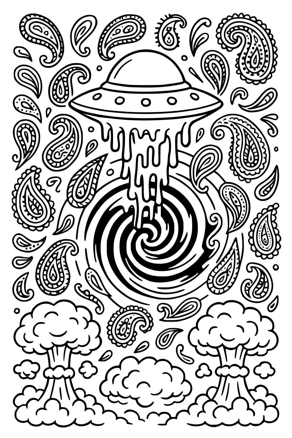 UFO hovering above a swirling portal with a drippy beam, surrounded by paisley doodles and puffy clouds near the bottom.