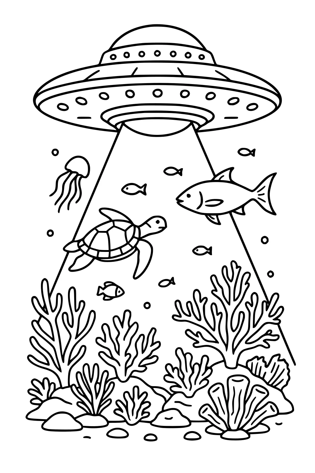 UFO shines twin beams onto an underwater reef with a turtle, fish, jellyfish, coral, rocks, and bubbles.