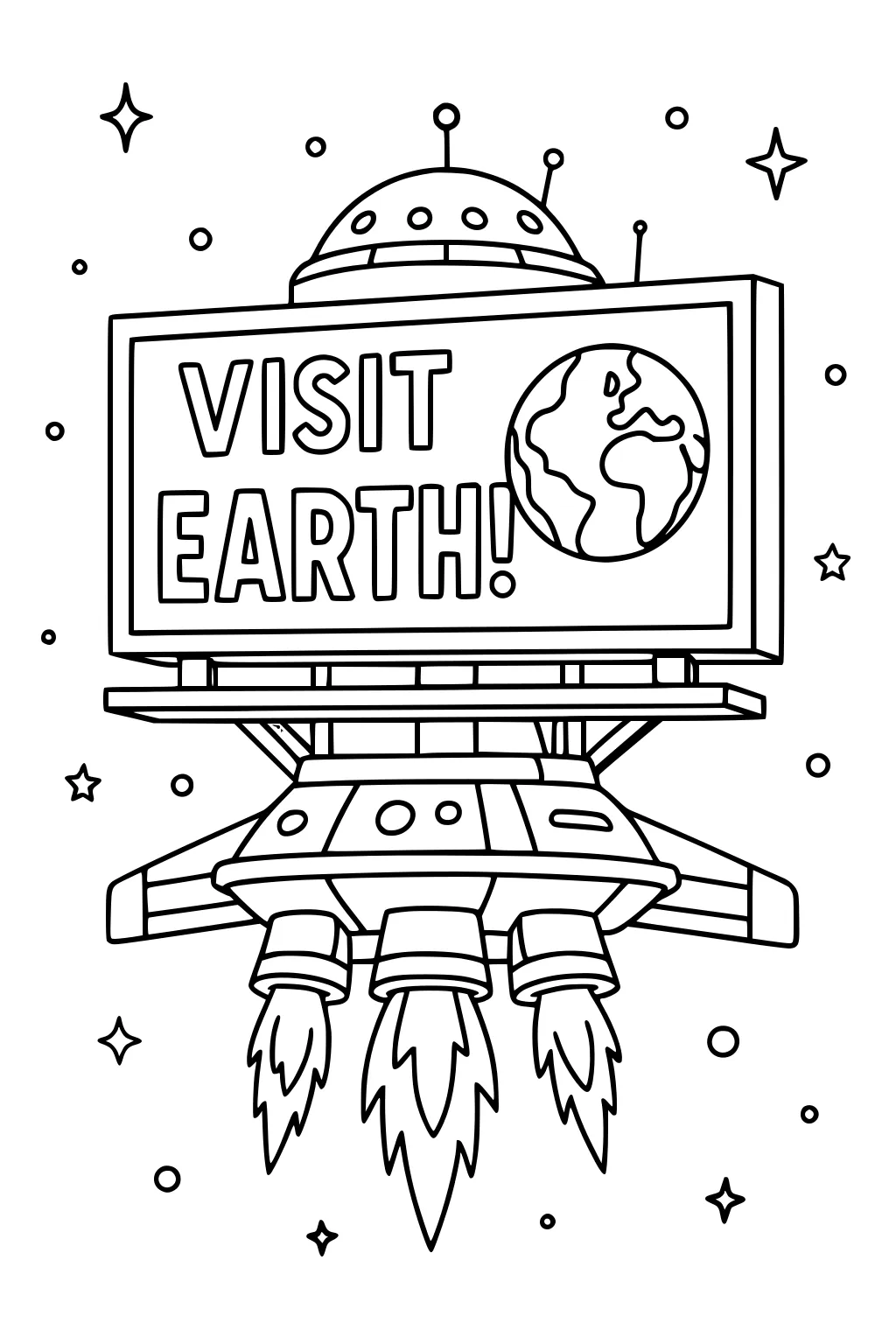 UFO carries a VISIT EARTH billboard in space with a globe, three rocket flames, antennas on top, and scattered stars.