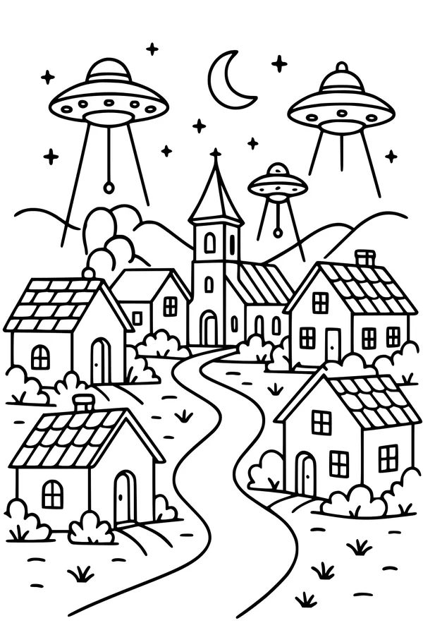 UFOs Over Moonlit Village