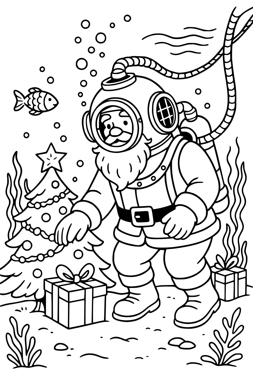 Santa in a diving helmet places gifts by an underwater Christmas tree with bubbles, seaweed, and a small fish.