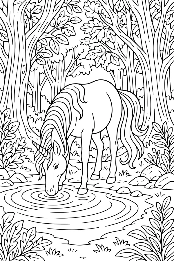 Unicorn Sips at the Forest Pool