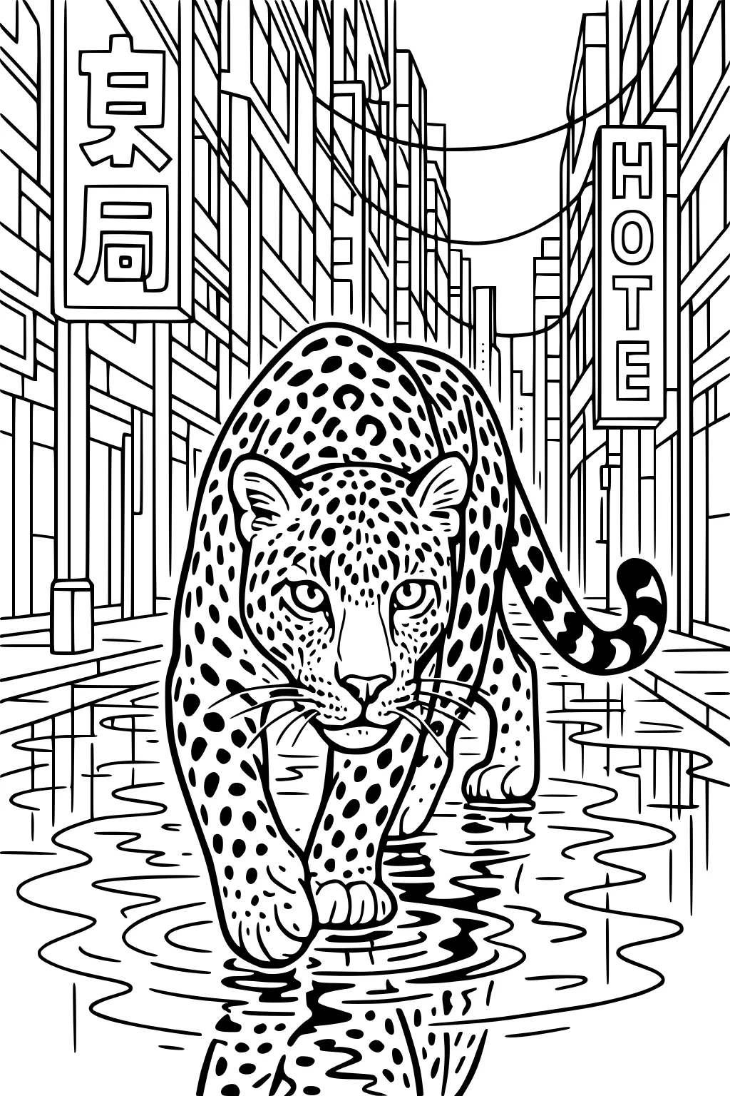 Leopard with spots walks through city street puddles, surrounded by tall buildings and vertical signs.