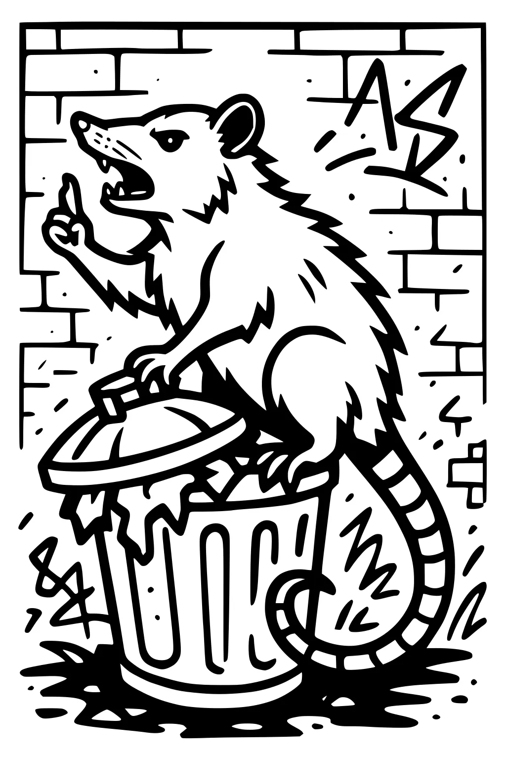 Opossum standing on trash can, one paw raised, in front of brick wall covered with graffiti and litter on the ground.