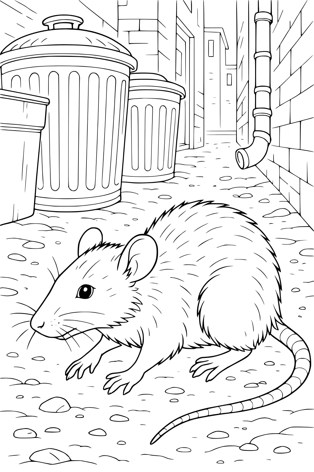 A furry rat with a long tail sits in a narrow alleyway next to three large trash cans and stone pavement.