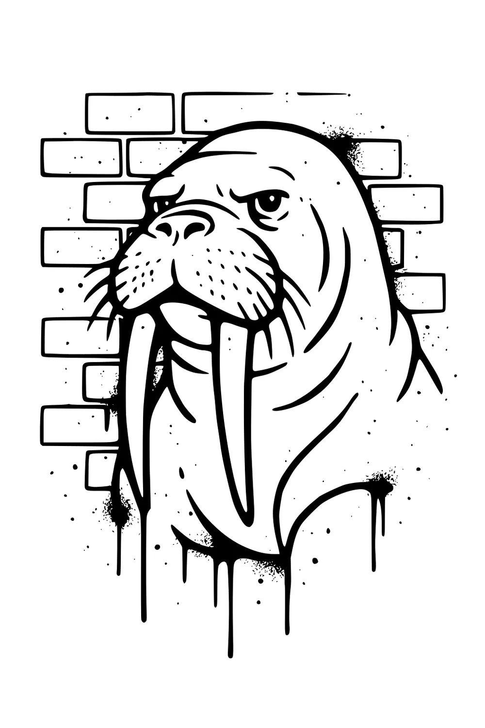 Walrus face with long tusks and whiskers in front of a brick wall, drawn in bold lines with dripping graffiti effects.