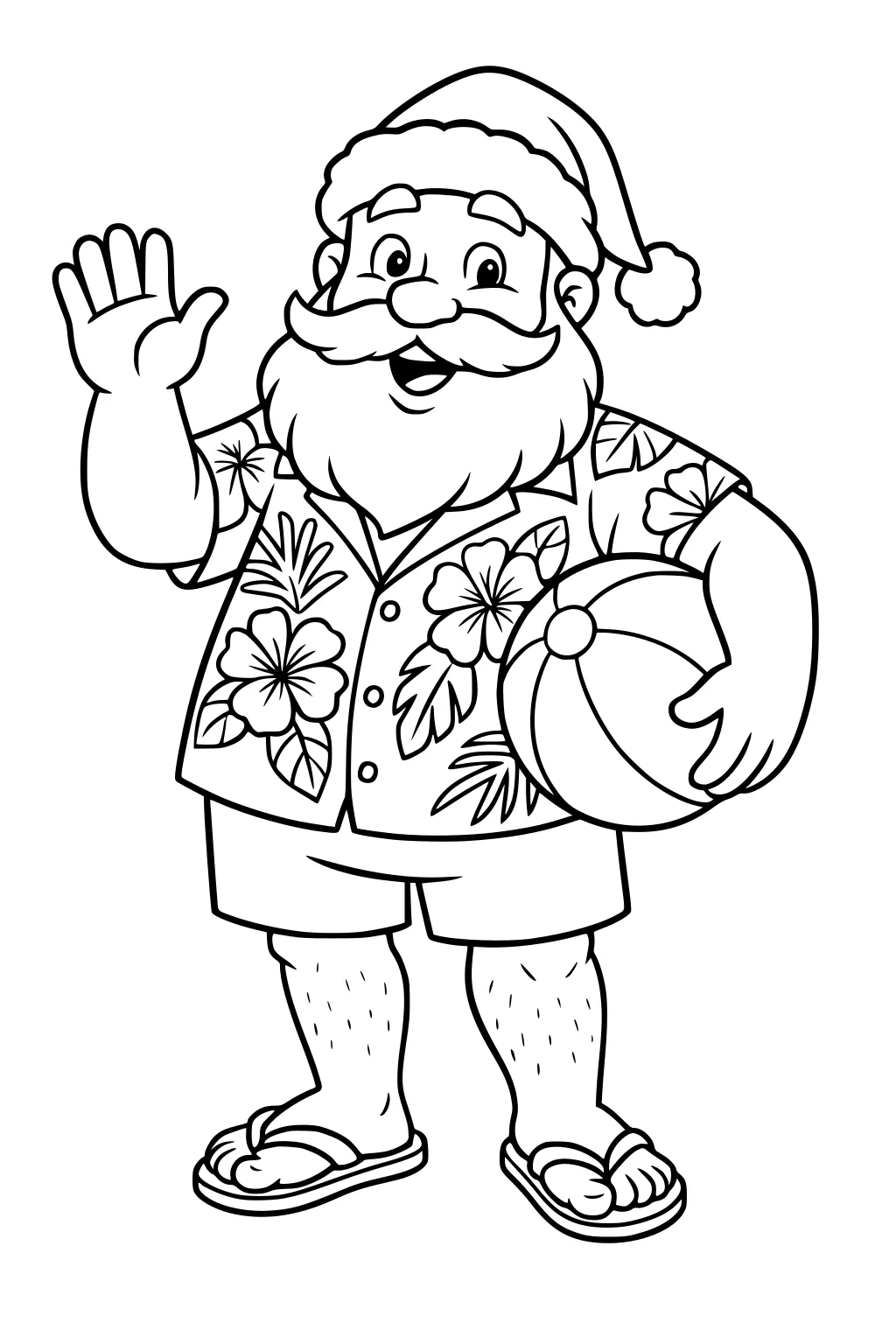 Santa in hibiscus shirt, shorts, and flip-flops waves, holding a striped beach ball and wearing a pom-pom hat, line art.