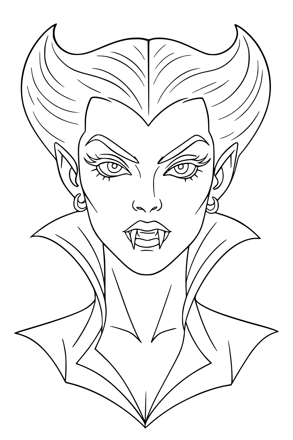 Female vampire portrait with fangs, high collar, swept hair, pointed ears with hoops, sharp eyes, front-facing line art.