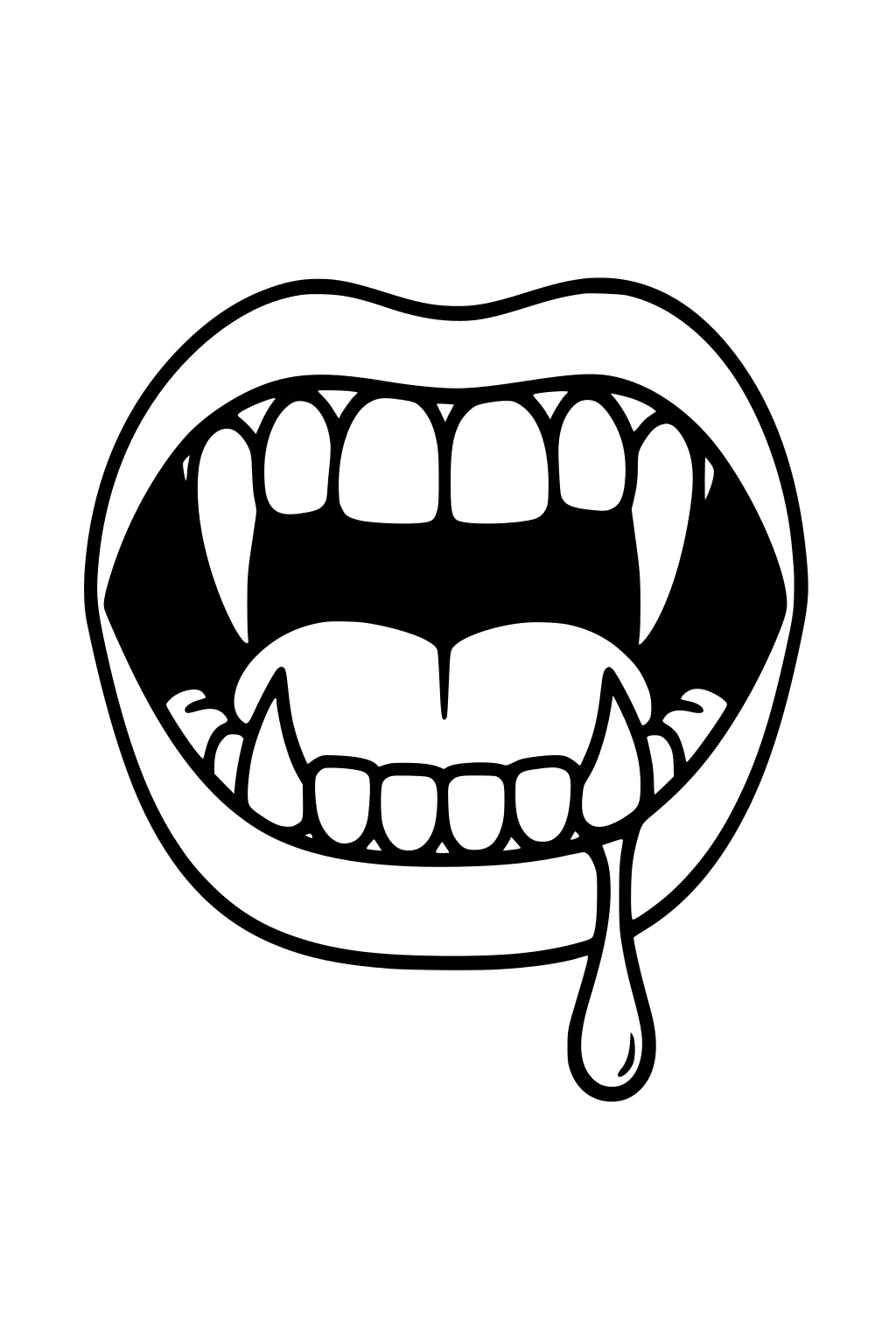 Open vampire mouth with sharp fangs, upper and lower teeth, wide lips, dark interior, and a single droplet hanging from a lower fang.
