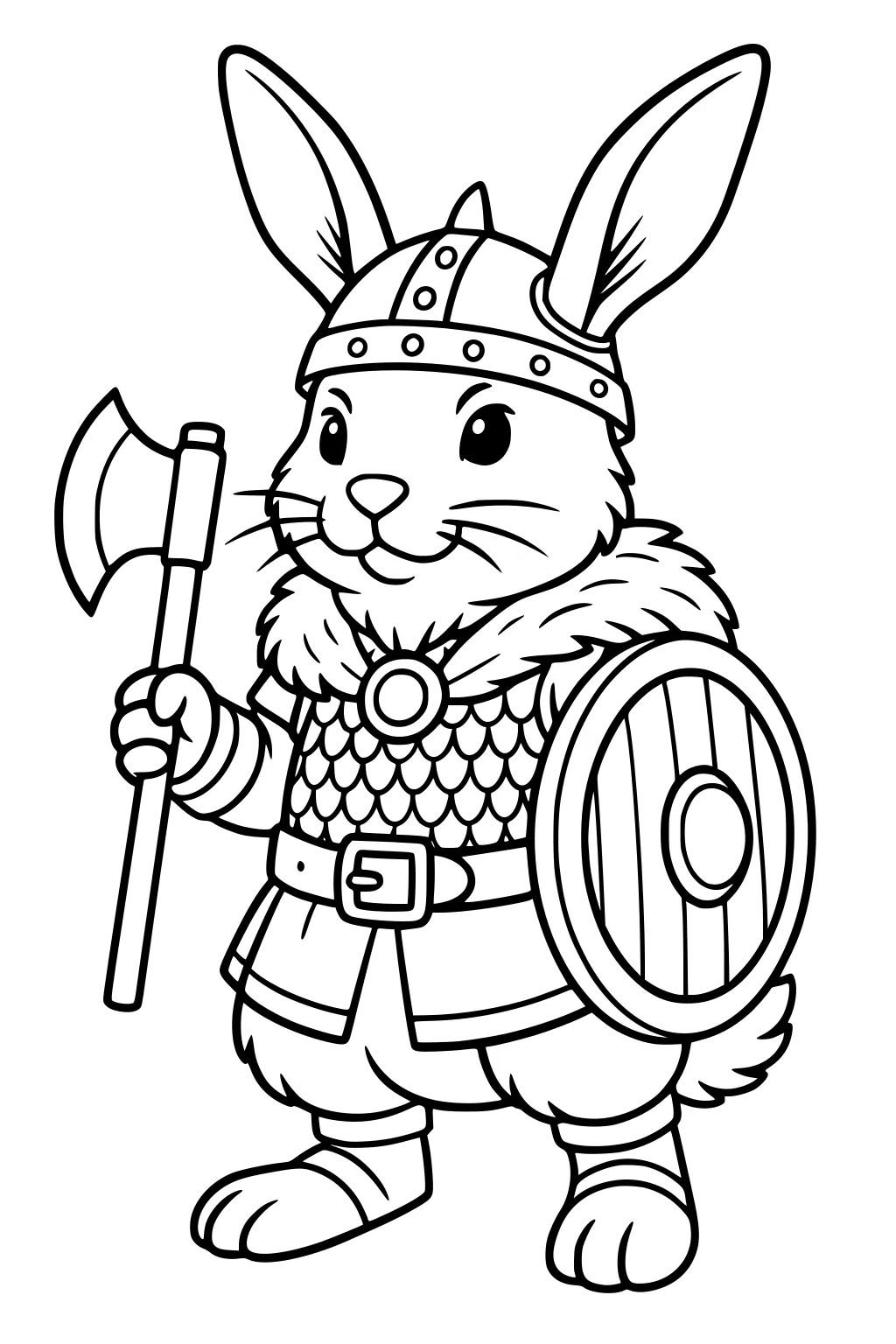 Rabbit wearing knight armor with helmet, holding a shield and axe, standing upright with big ears.