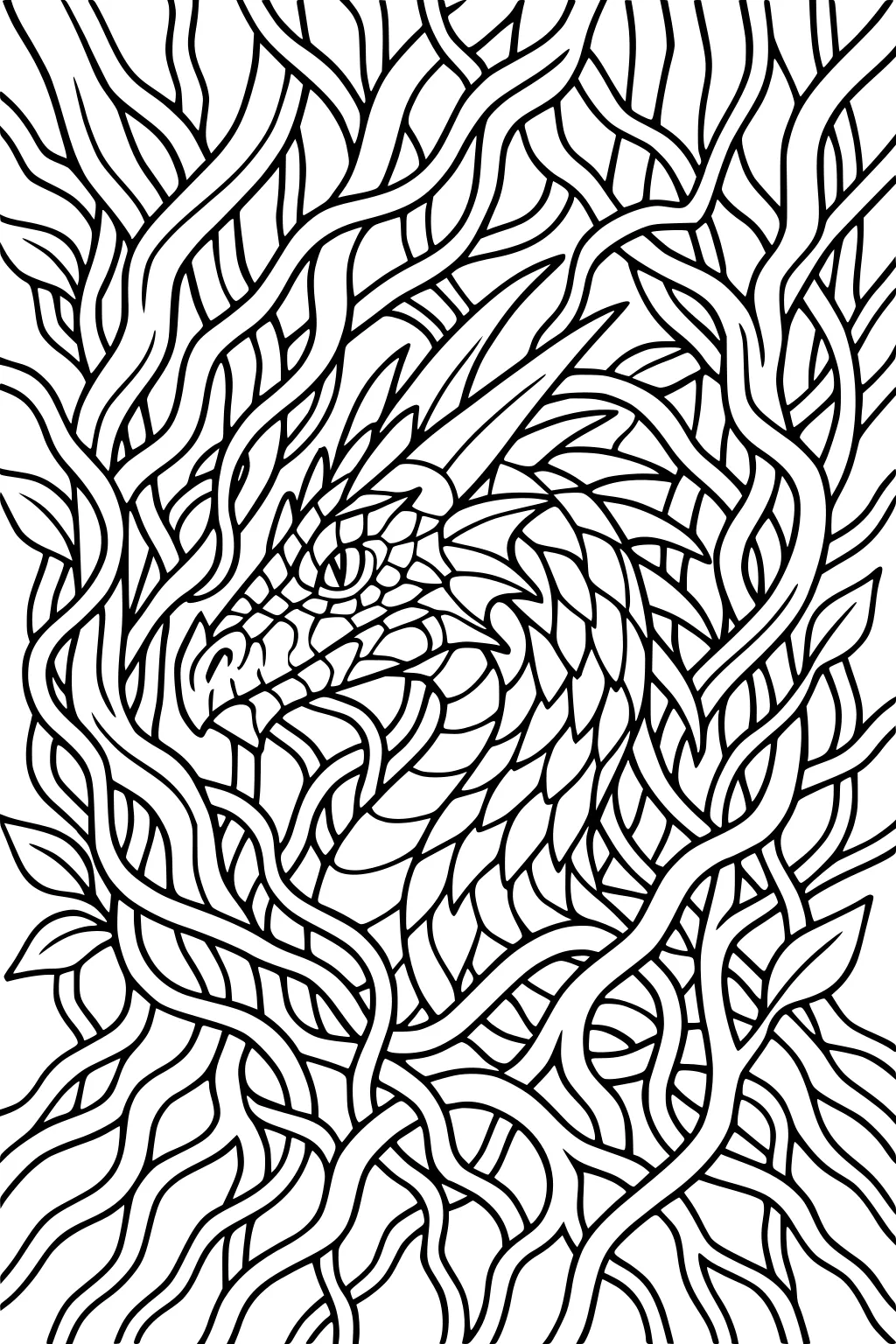 Dragon head with horns and layered scales peeking through twisting vines and leaves; detailed black line art.