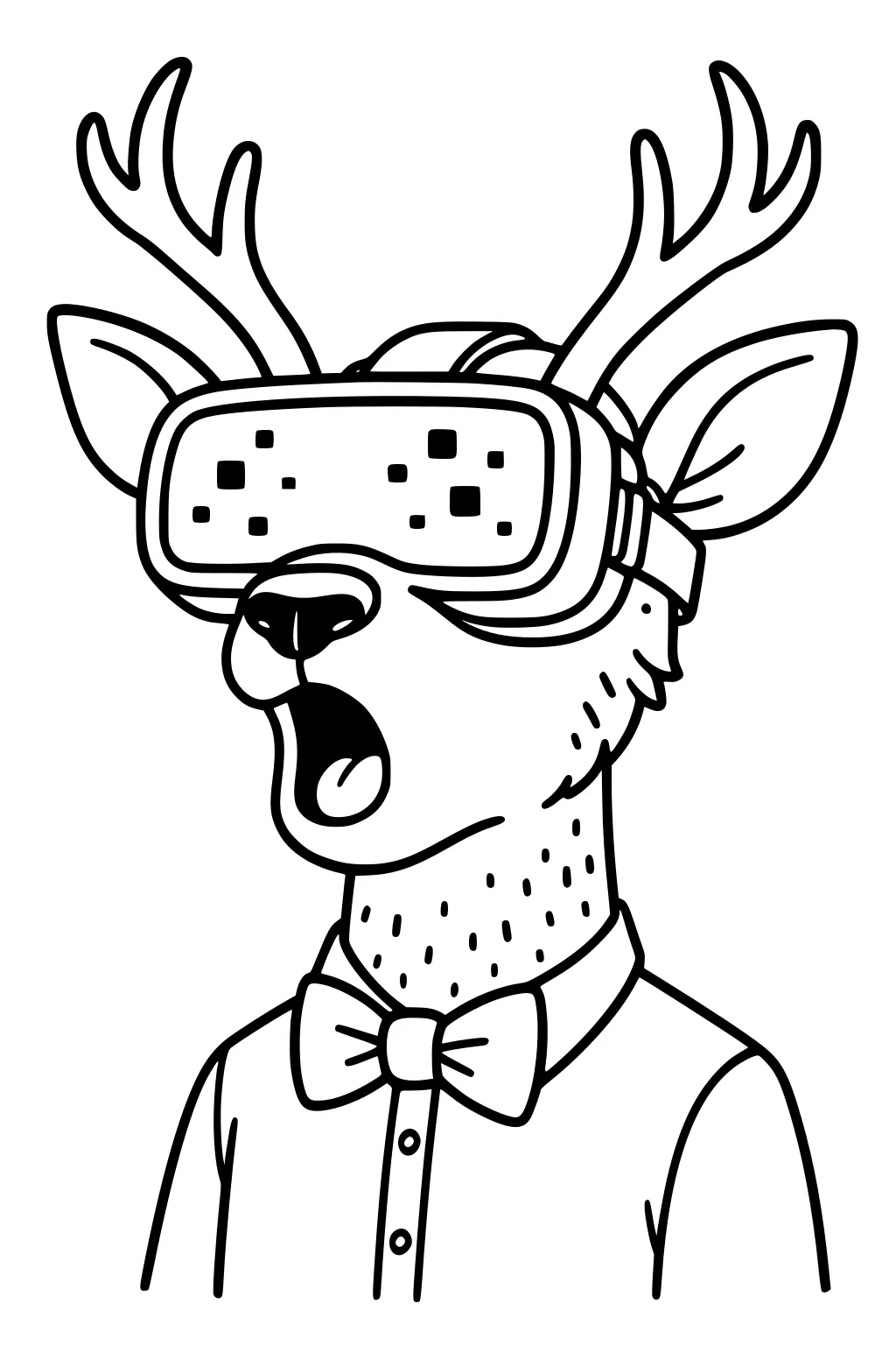Deer with antlers wearing a virtual reality headset, surprised expression, bow tie, and collared shirt.