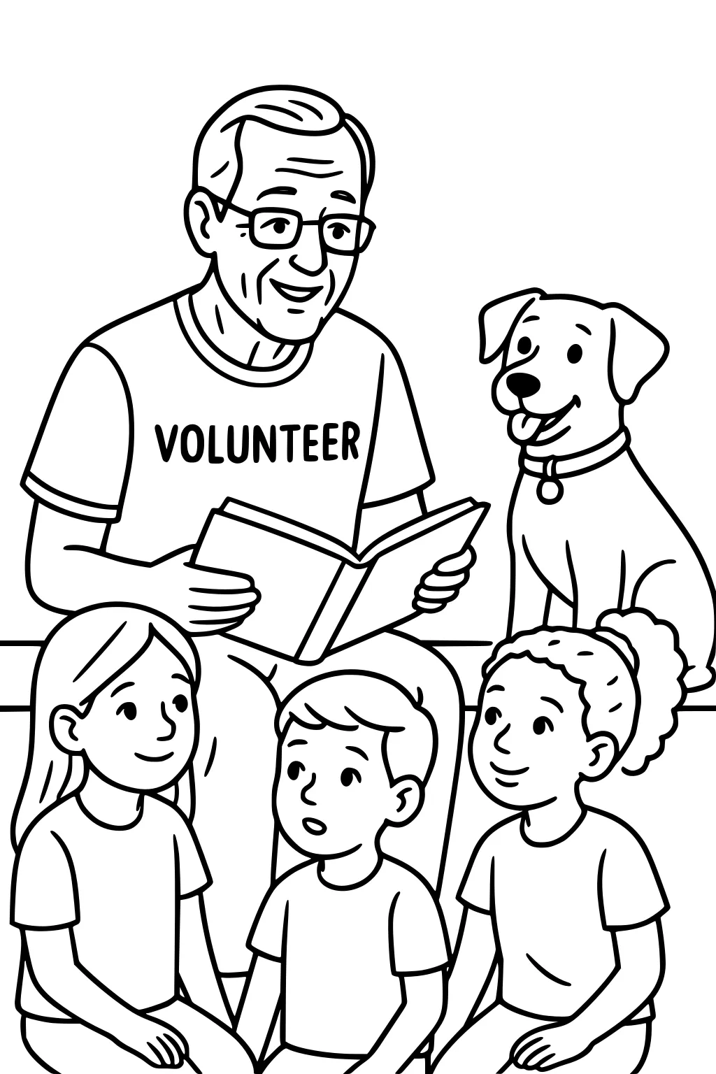 Older volunteer with glasses reads to two girls and a boy; a happy dog with a collar and tag sits nearby.