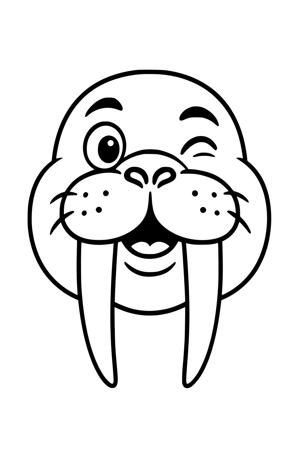 Cartoon walrus face with big tusks, winking one eye, rounded cheeks, whiskers, and a smiling mouth.