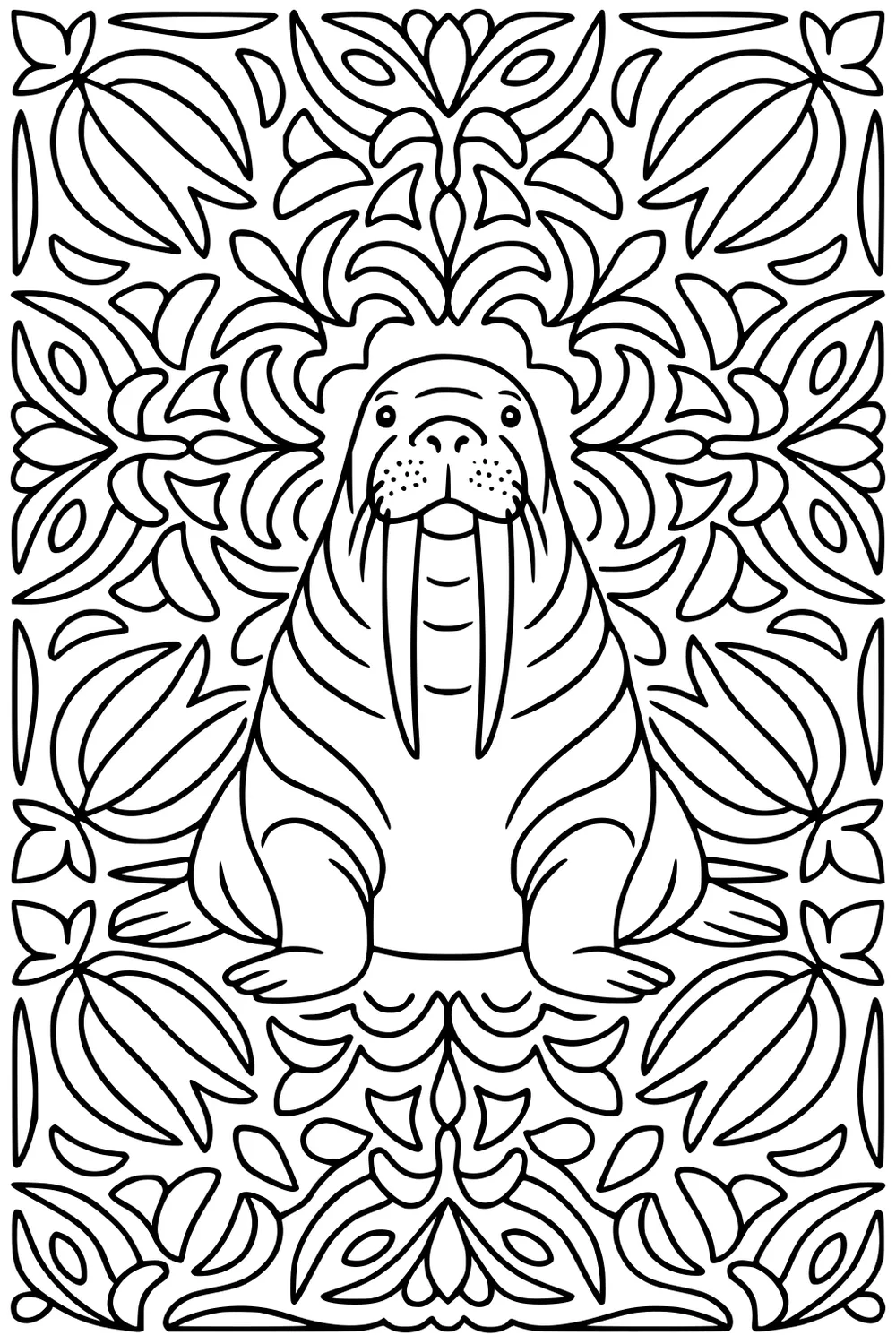 Walrus with long tusks sitting, surrounded by decorative leaves and swirly patterns.