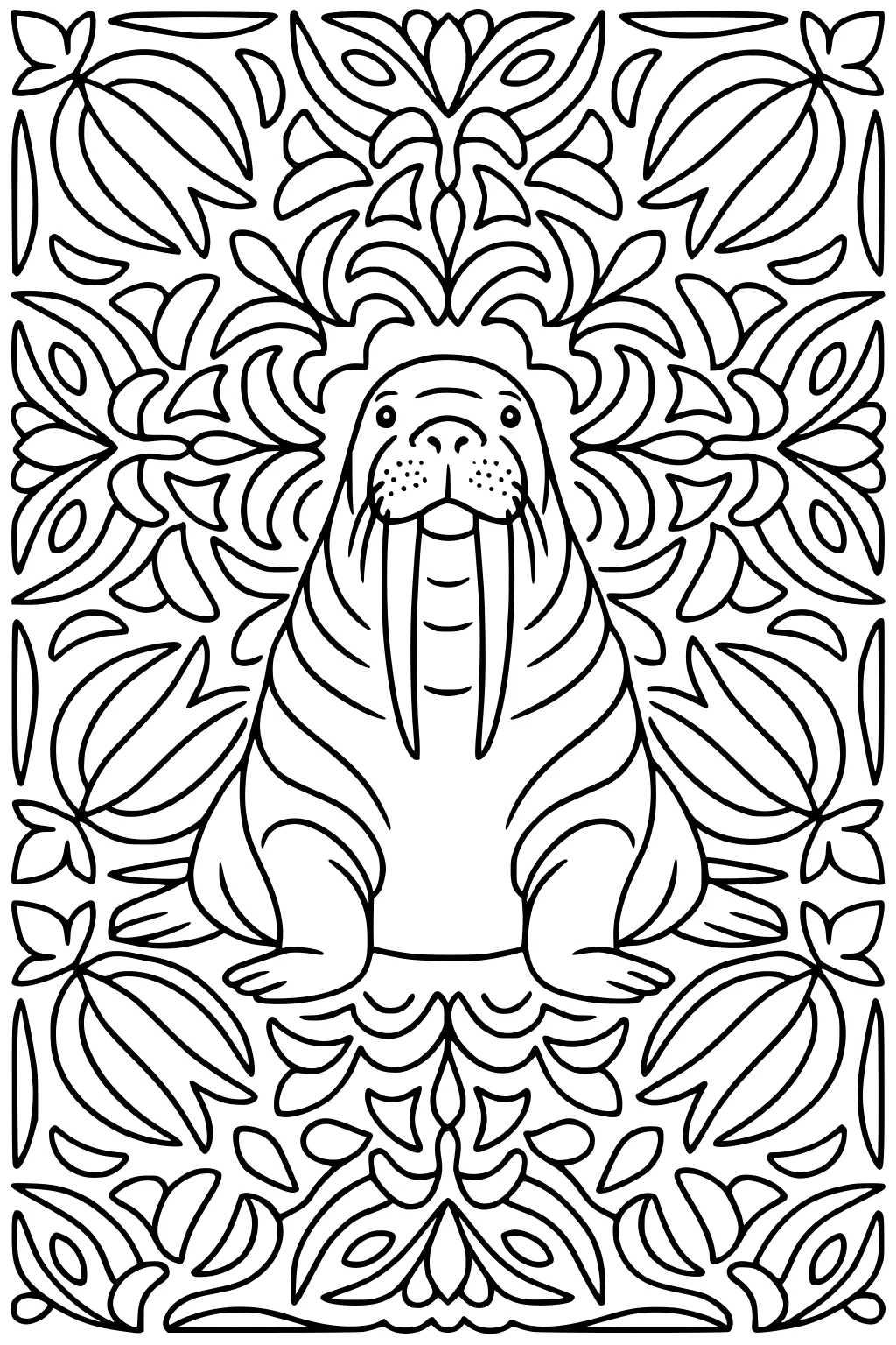 Walrus with long tusks sitting, surrounded by decorative leaves and swirly patterns.