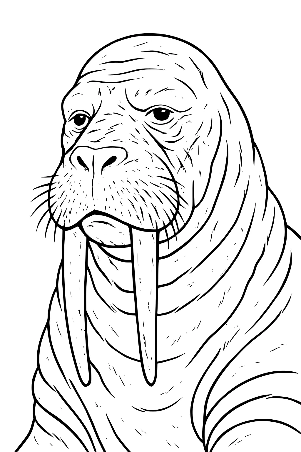 Realistic walrus with long tusks, wrinkled skin, and whiskers facing forward on a plain background.