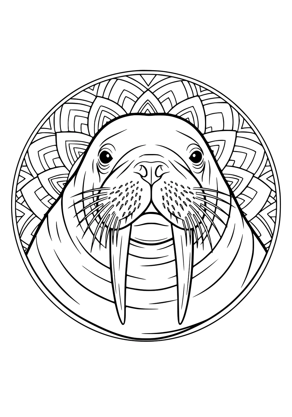 Walrus face with long tusks and whiskers, centered in front of a round patterned mandala background.