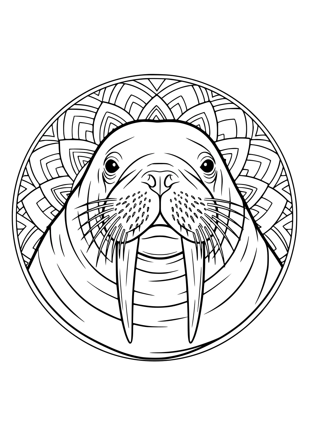 Walrus face with long tusks and whiskers, centered in front of a round patterned mandala background.
