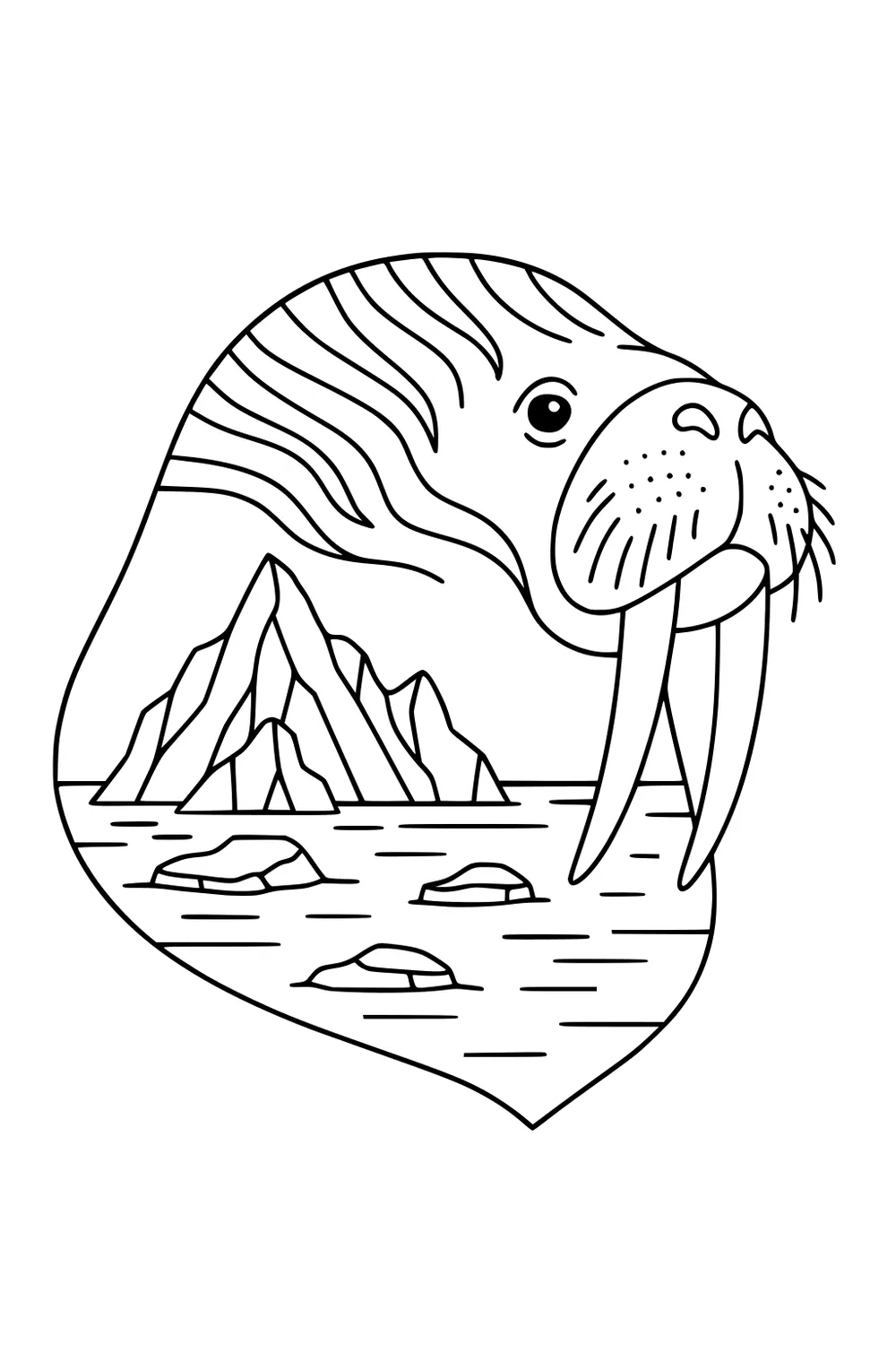 Walrus head with long tusks, icebergs, and floating ice in an arctic sea background.
