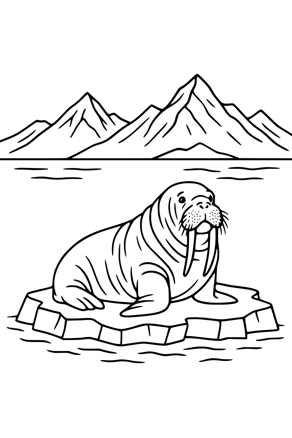 Walrus with long tusks lying on an iceberg, snowy mountains and water in the background.