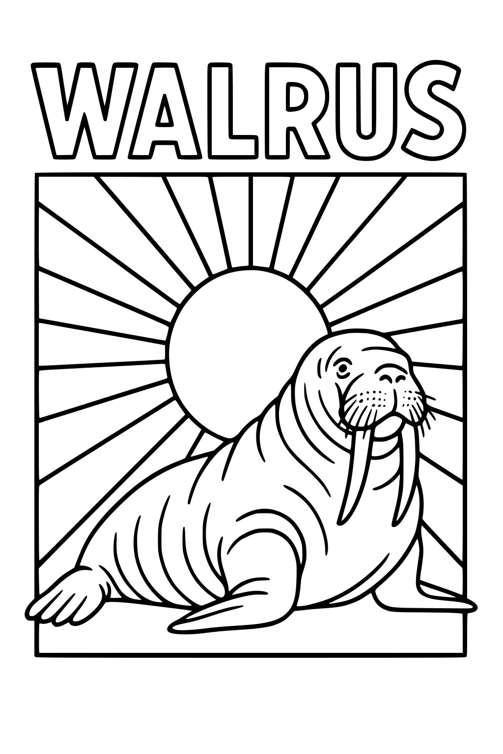Walrus with long tusks lying beneath a large sun and radiating sun rays, with WALRUS written boldly above.