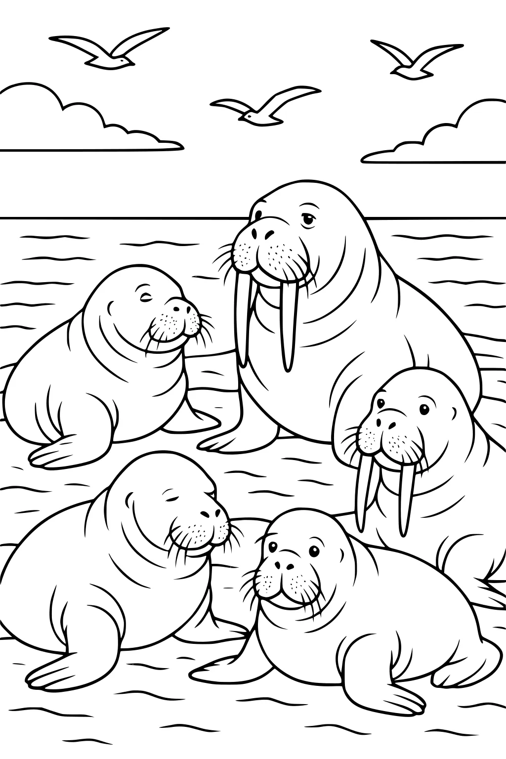 Five walruses with tusks and whiskers on a sandy beach near ocean waves, three flying seagulls, and clouds in the sky.