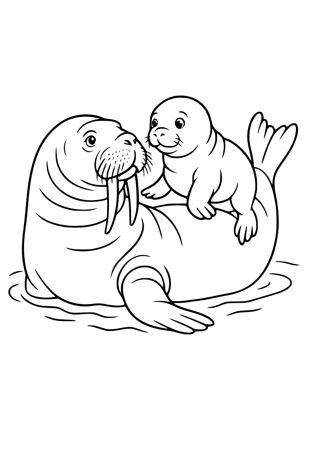 Adult walrus lying in water with a baby walrus sitting on its back, both facing forward.