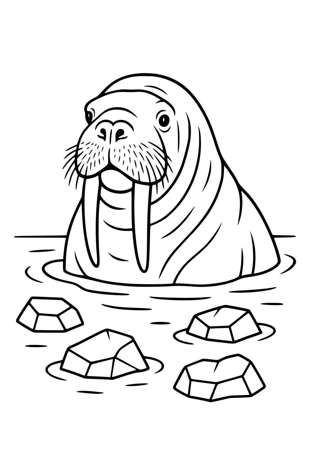 Walrus with long tusks sitting in water, surrounded by floating ice blocks.