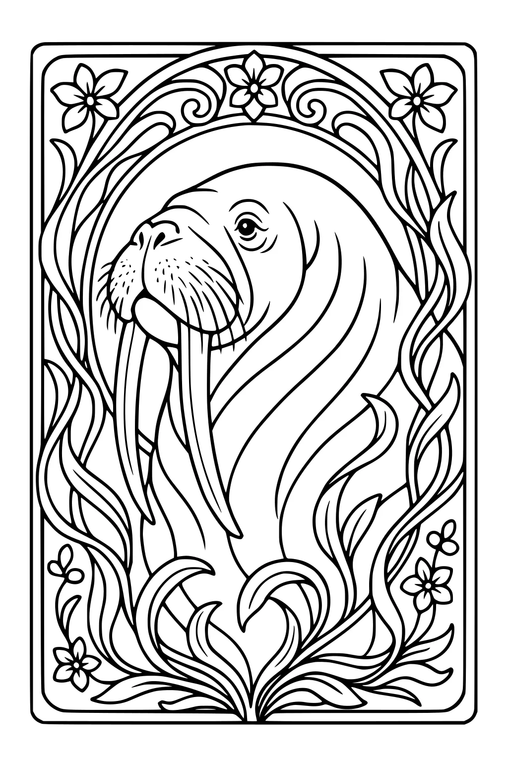 Walrus with long tusks framed by swirling vines and blooming flowers inside a decorative bordered rectangle.