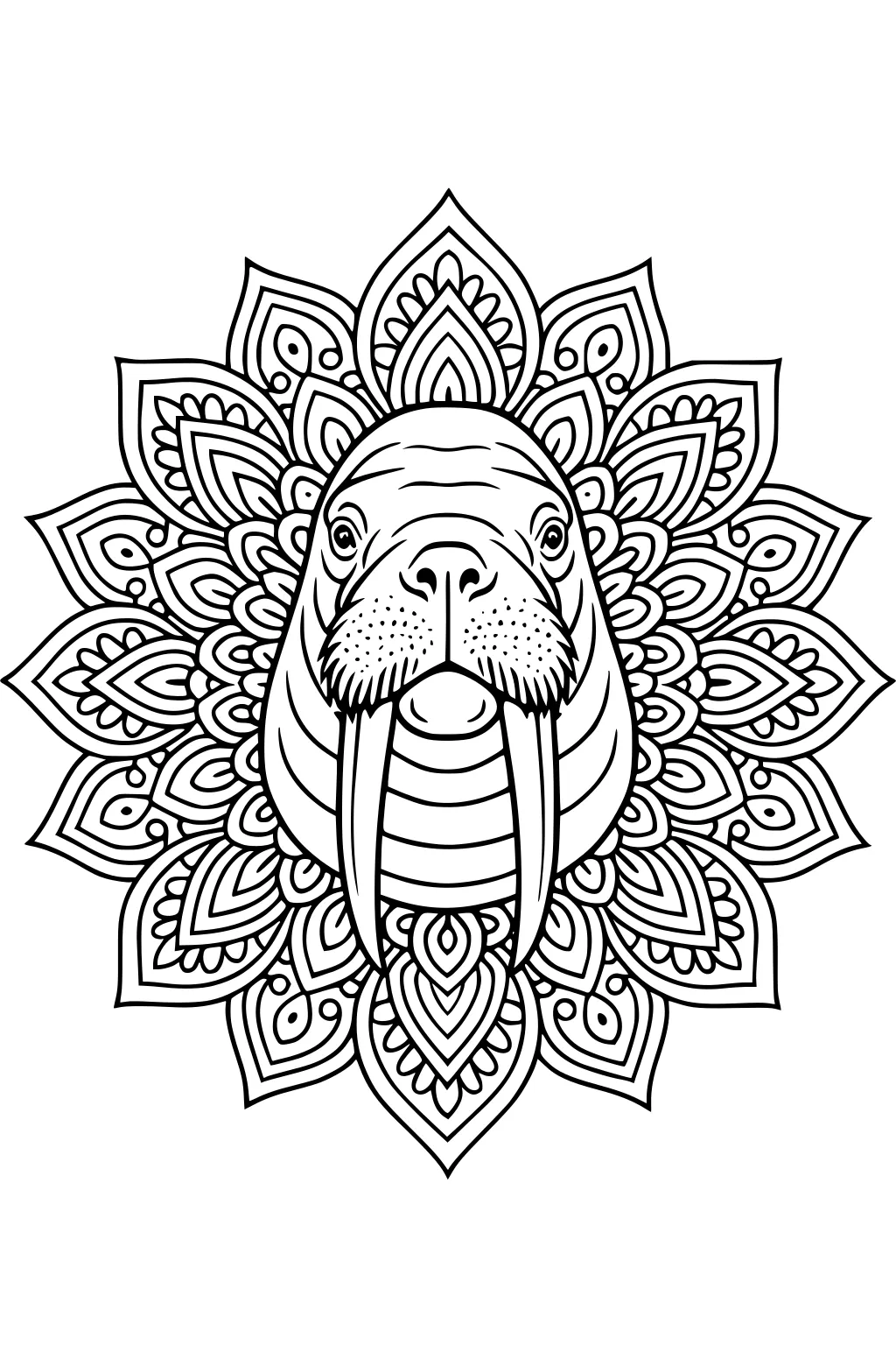 Walrus face with big tusks in the center of a detailed flower mandala pattern.