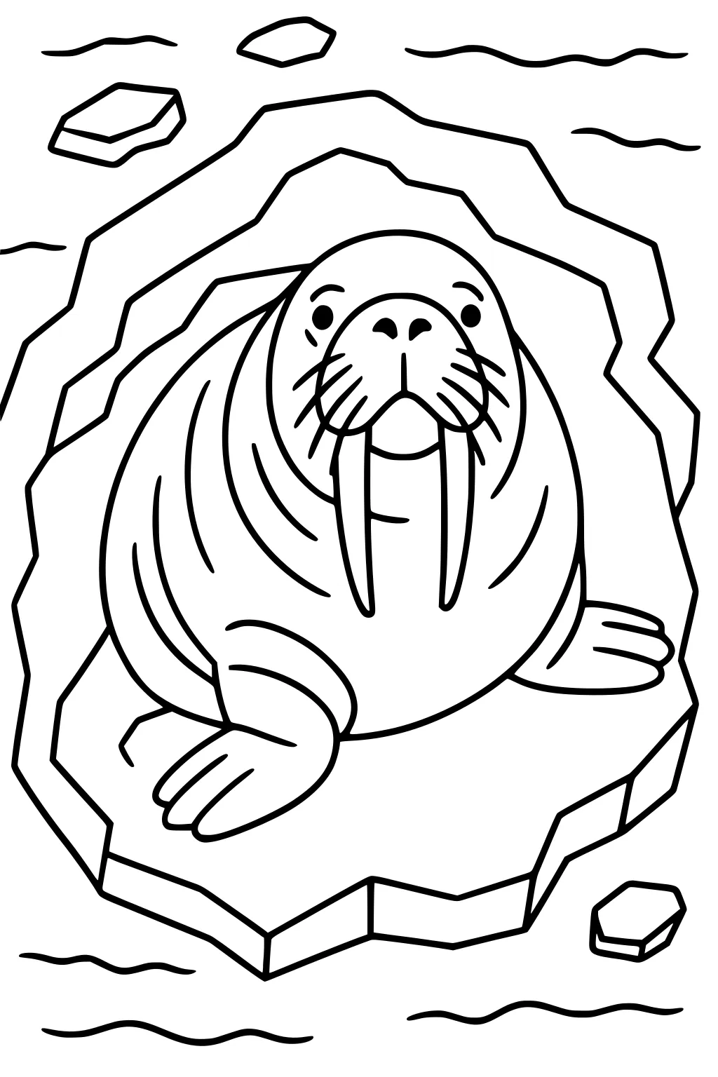 Walrus sitting on an ice floe surrounded by water and scattered pieces of floating ice.
