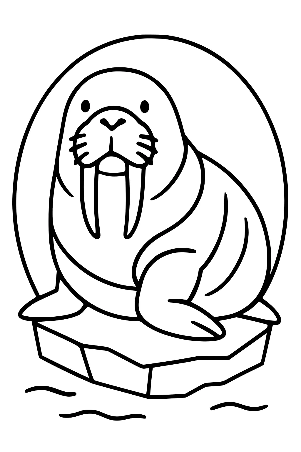 Cartoon walrus with long tusks sitting on a floating ice block over water, outlined in black and white.