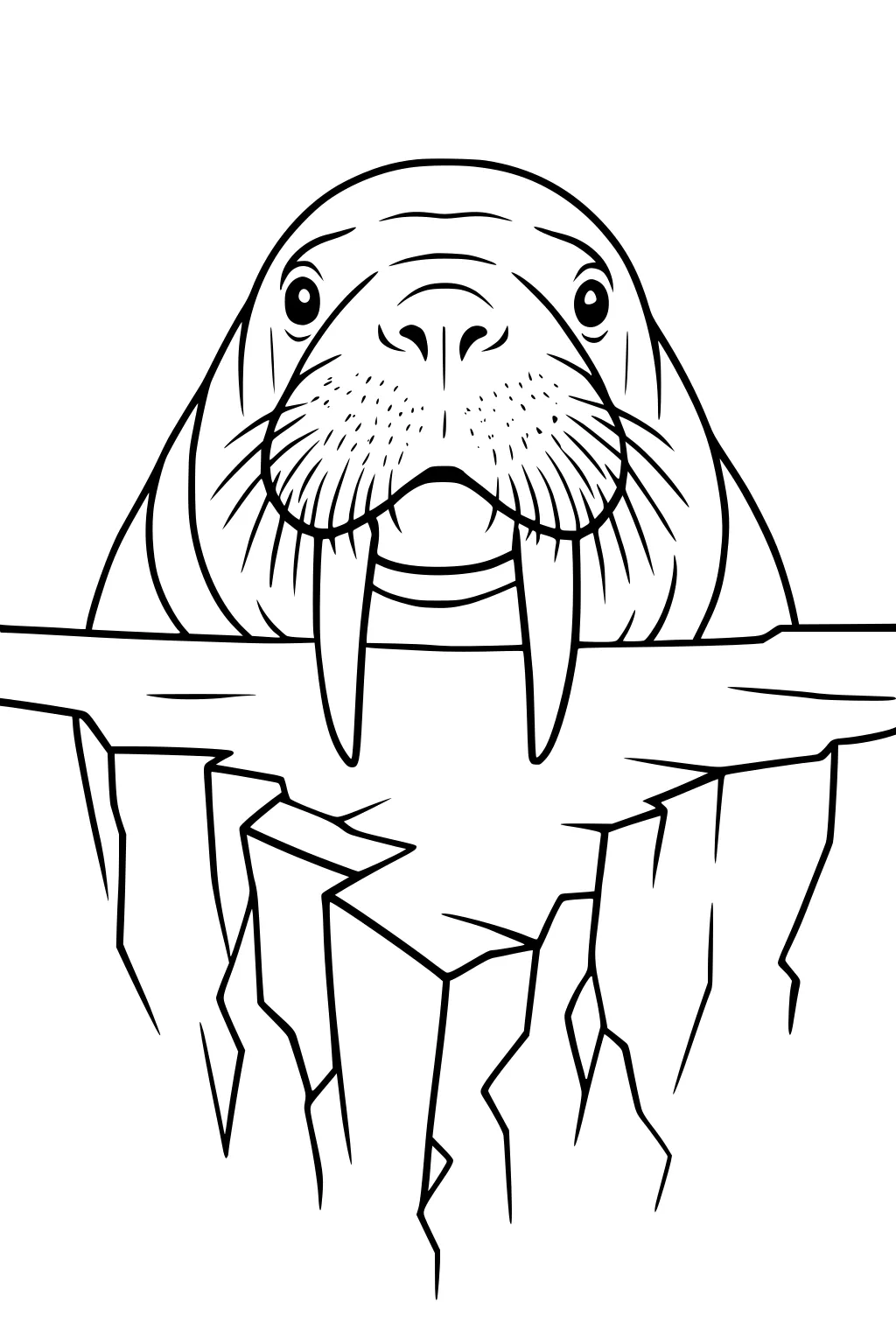 Walrus with long tusks and whiskers behind cracked ice in a bold black line drawing