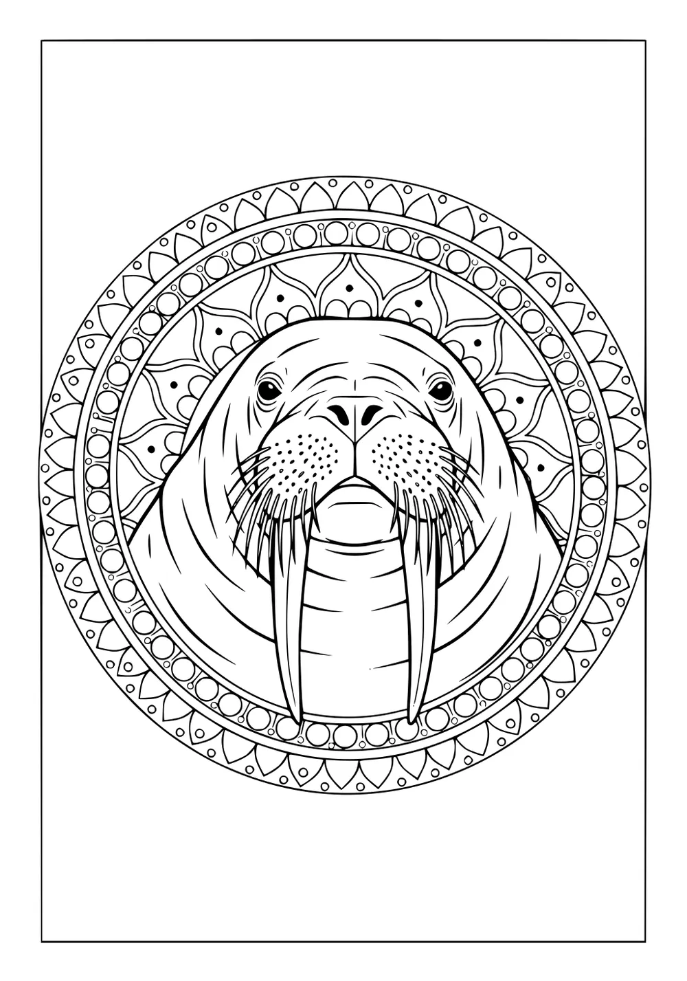 Walrus head with long tusks in a decorative mandala-style round border, outlined in black and white.