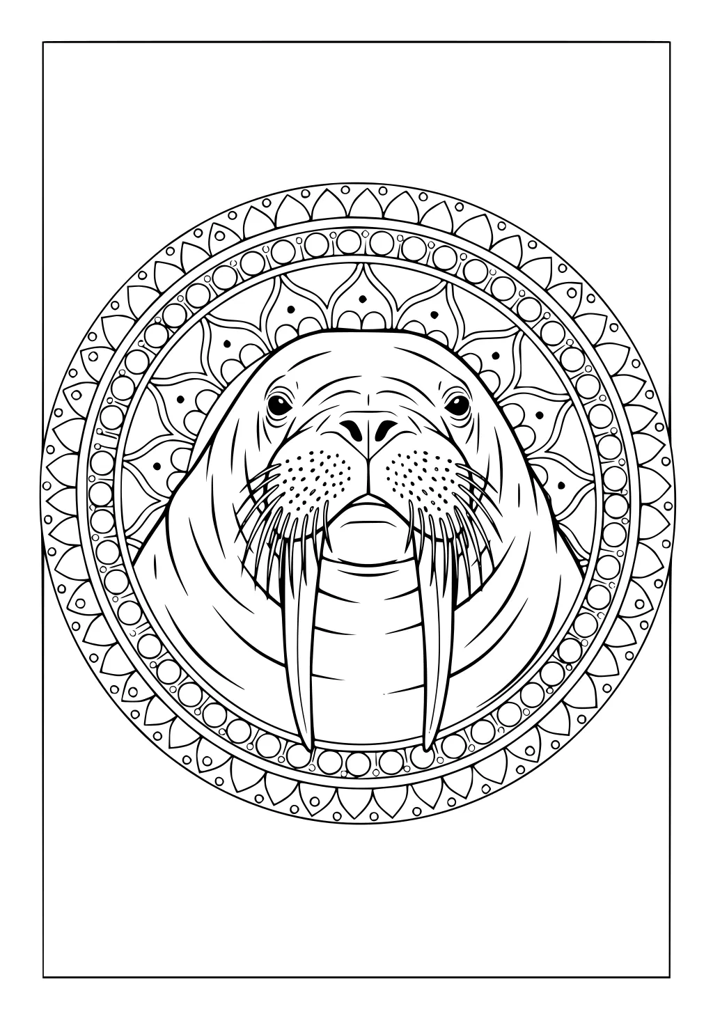 Walrus head with long tusks in a decorative mandala-style round border, outlined in black and white.