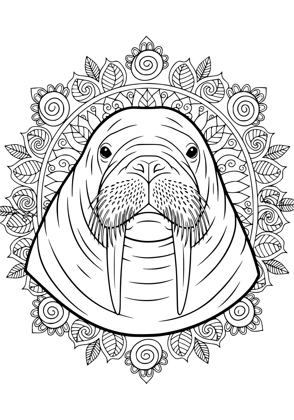 Walrus head with long tusks and whiskers, framed by a circular mandala of leaves and spiral flowers.