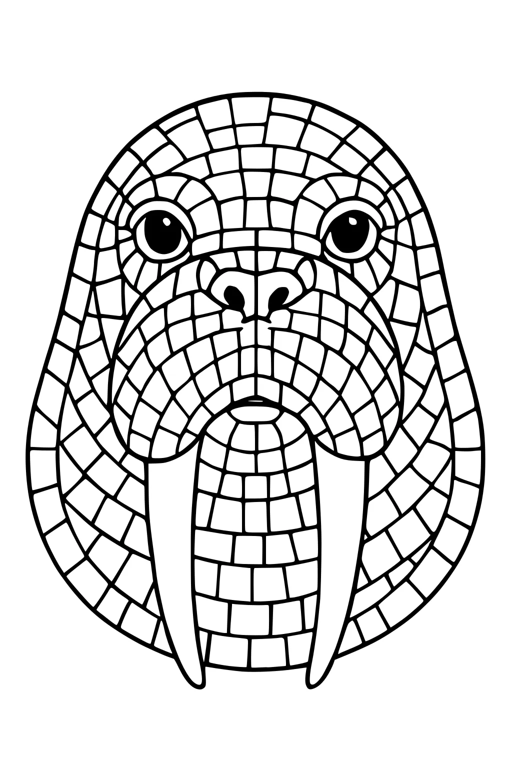Mosaic-style walrus face with large tusks, wide eyes, and patchwork patterns filling the head.