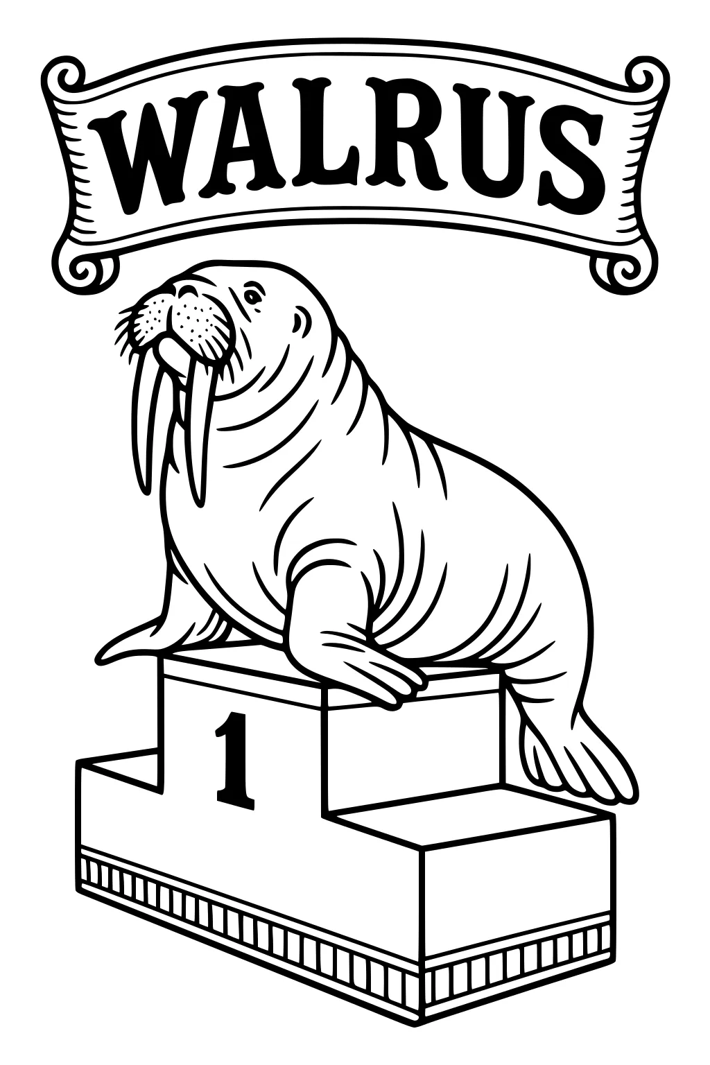 Walrus with tusks sitting on a number one podium under a banner that reads WALRUS.