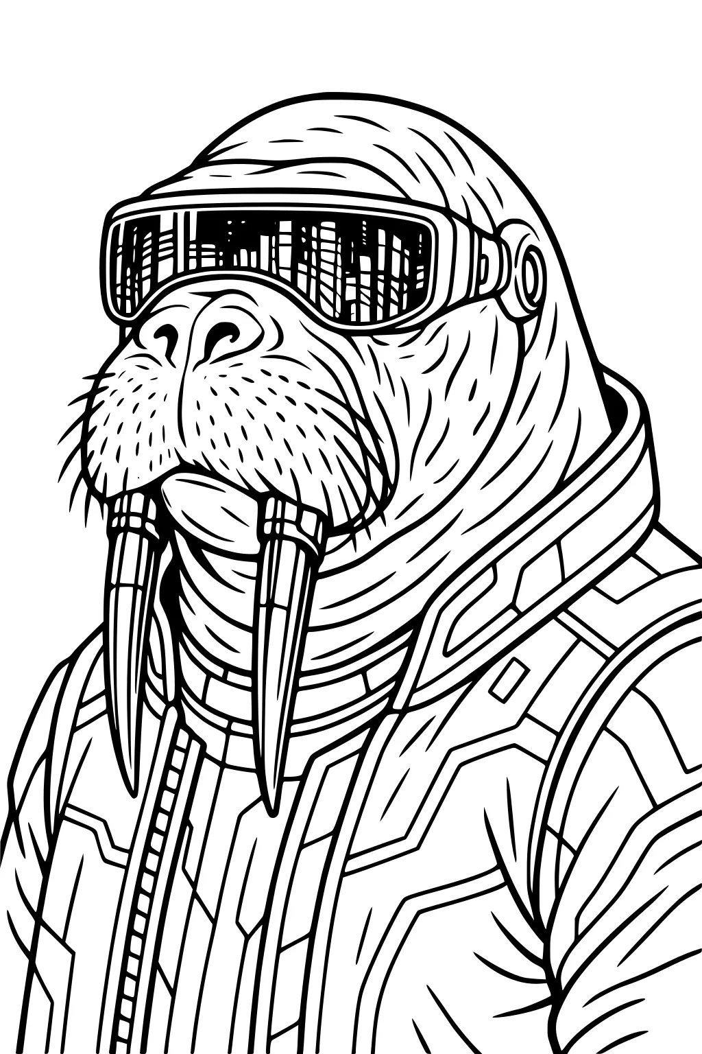 A walrus wearing high-tech goggles and a patterned space suit, with long tusks and textured fur lines.