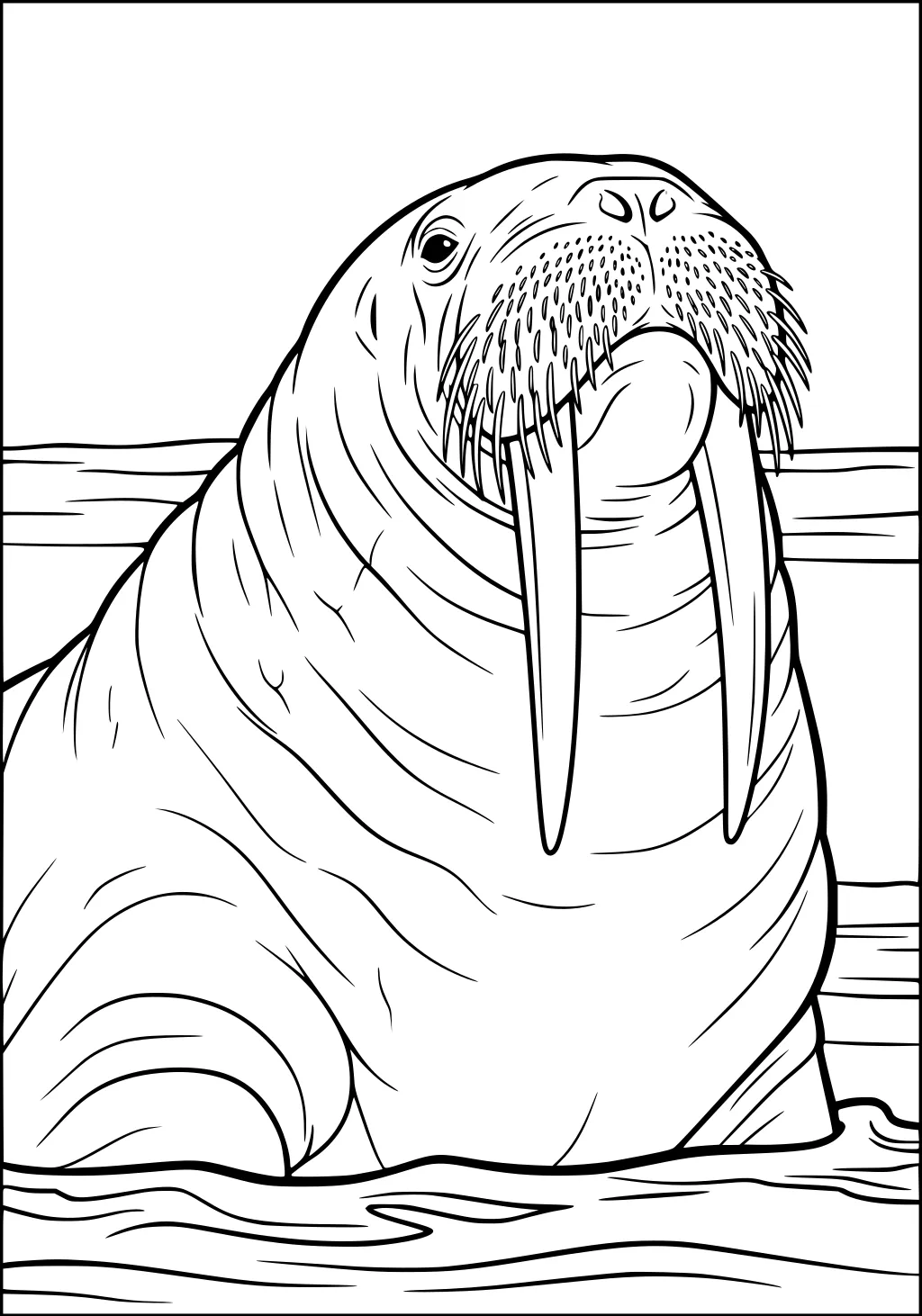 Large walrus with long tusks and bristly whiskers sitting in water, wooden dock in the background.