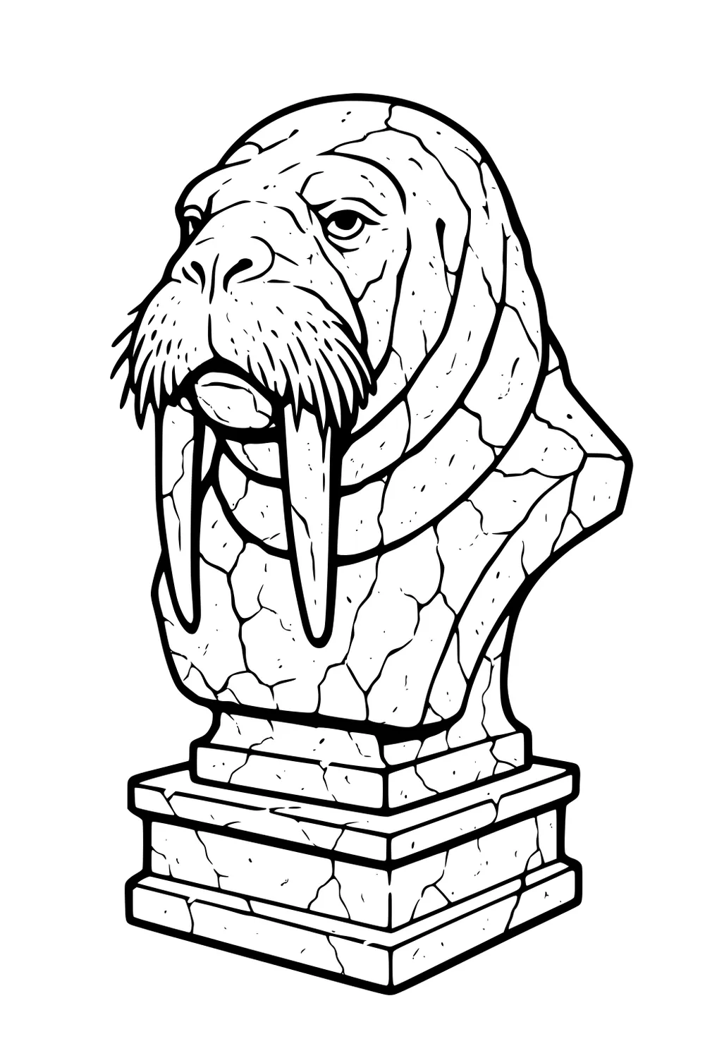 Stone walrus bust statue with prominent tusks on a cracked marble pedestal, drawn with simple black outlines.