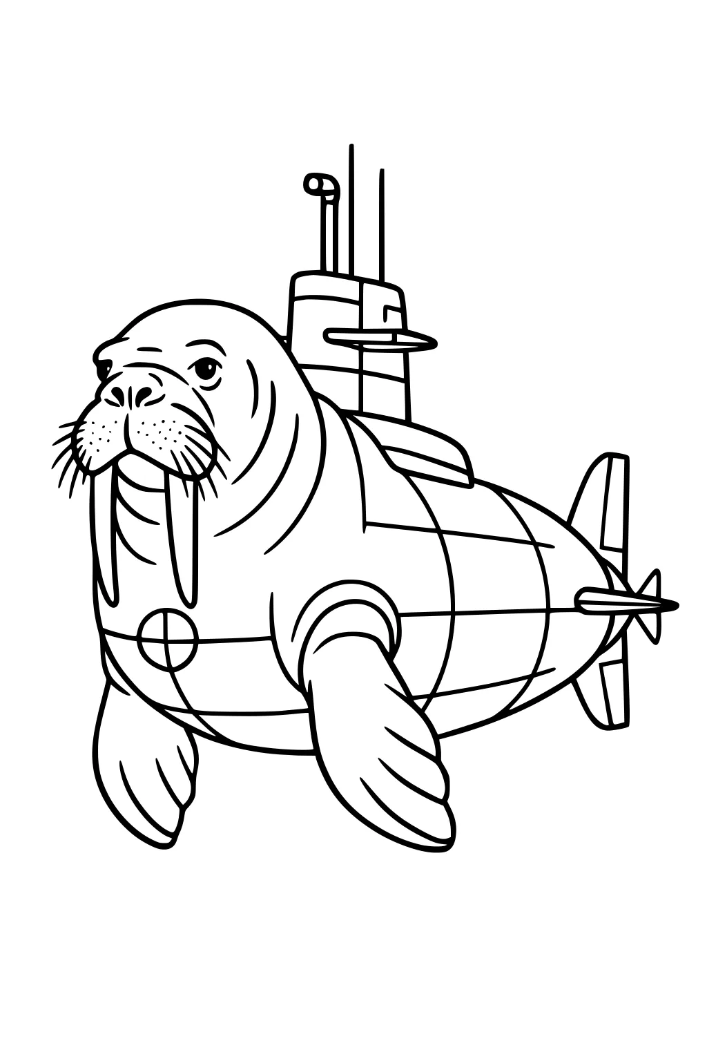 Cartoon walrus with submarine body, flippers in front, tusks hanging down, metal panels, and periscope on top.