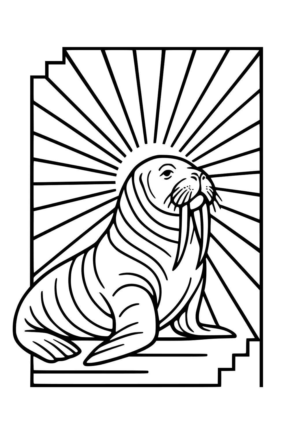 Walrus with long tusks sitting on square steps, sun rays spreading out behind its head, cartoon outline drawing.