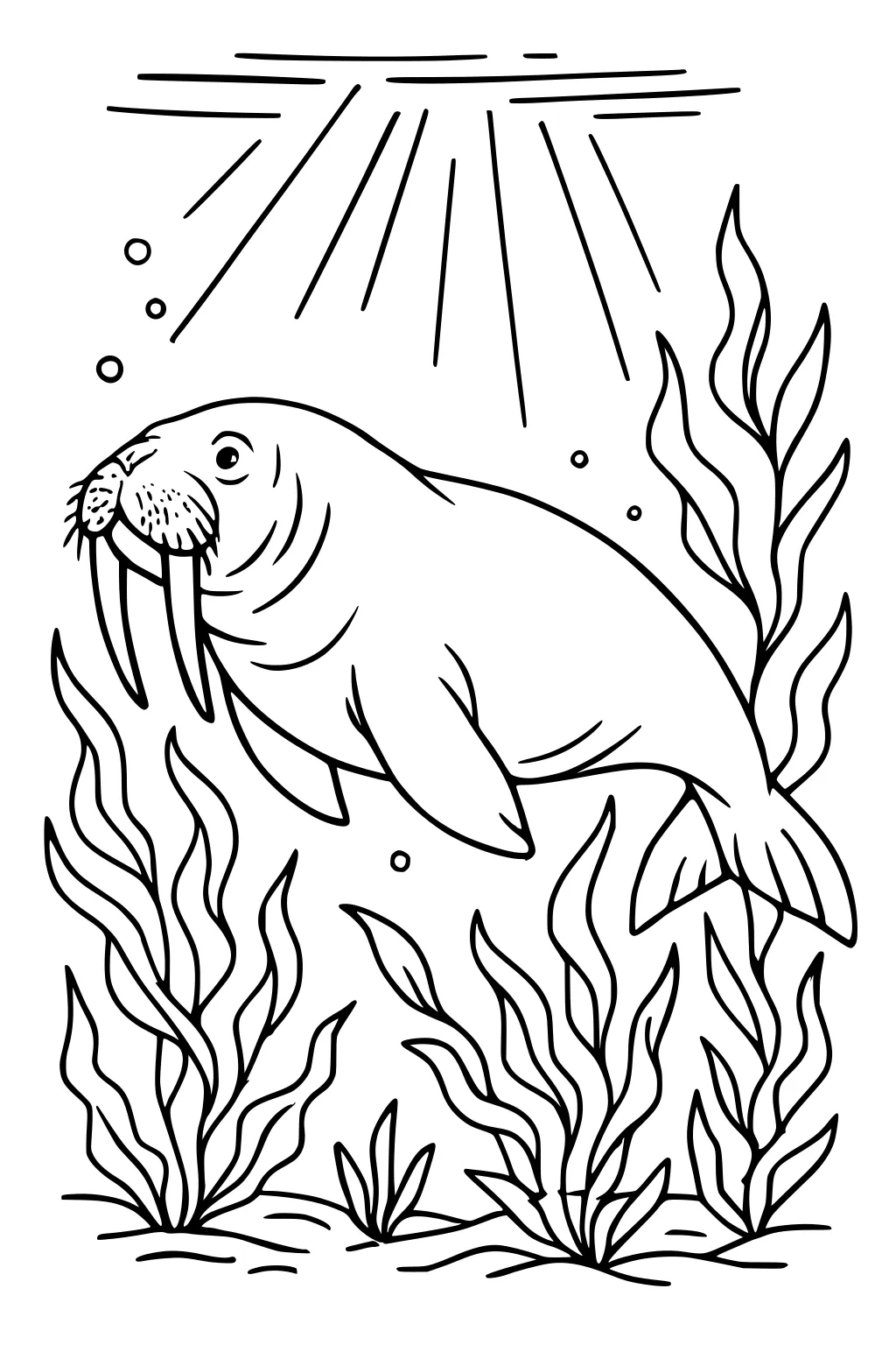 Walrus swimming underwater surrounded by seaweed with bubbles and sunlight shining from above.