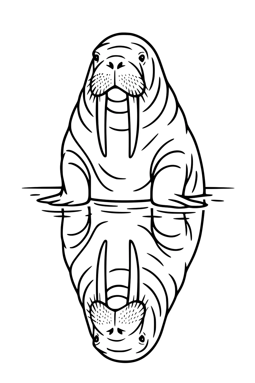 Walrus with long tusks sitting by water, reflection visible below.