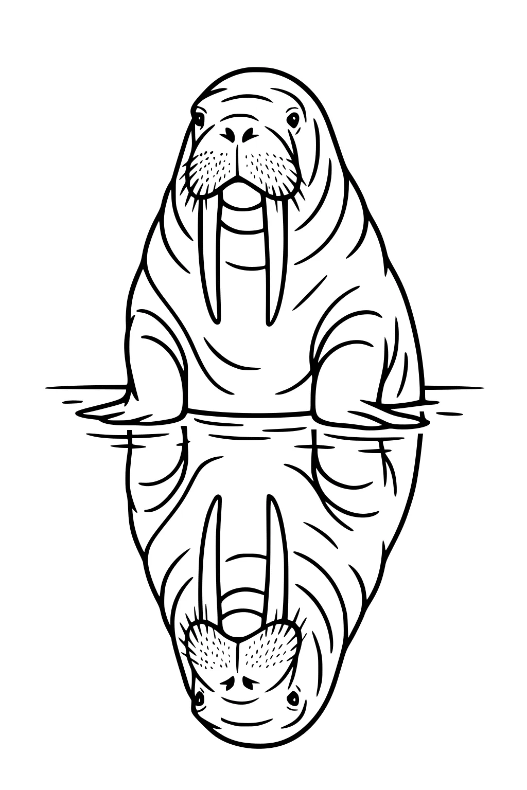 Walrus with long tusks sitting by water, reflection visible below.
