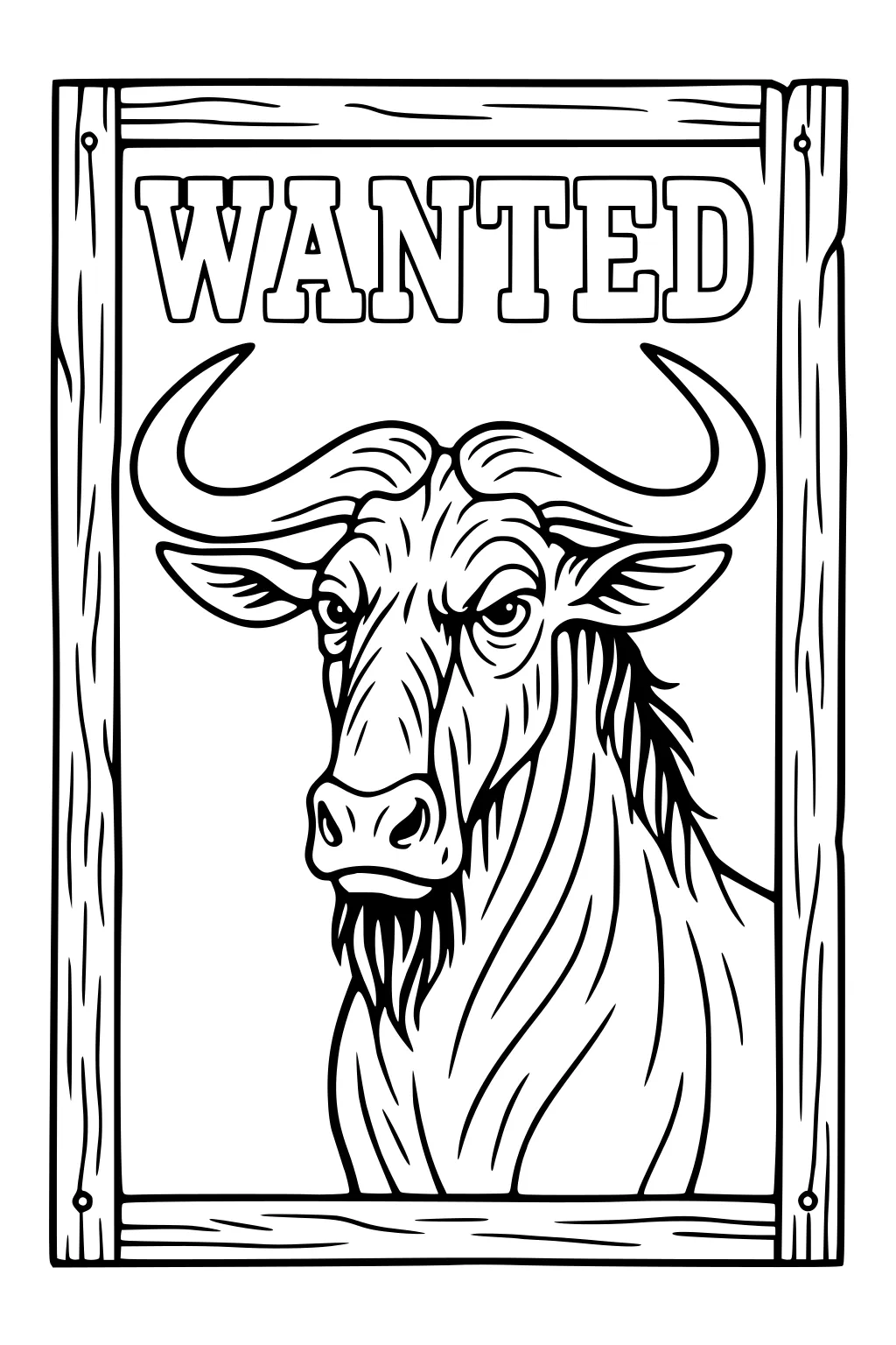 Wanted poster line art of a wildebeest with curved horns, shaggy beard, and wooden frame, big WANTED title above.