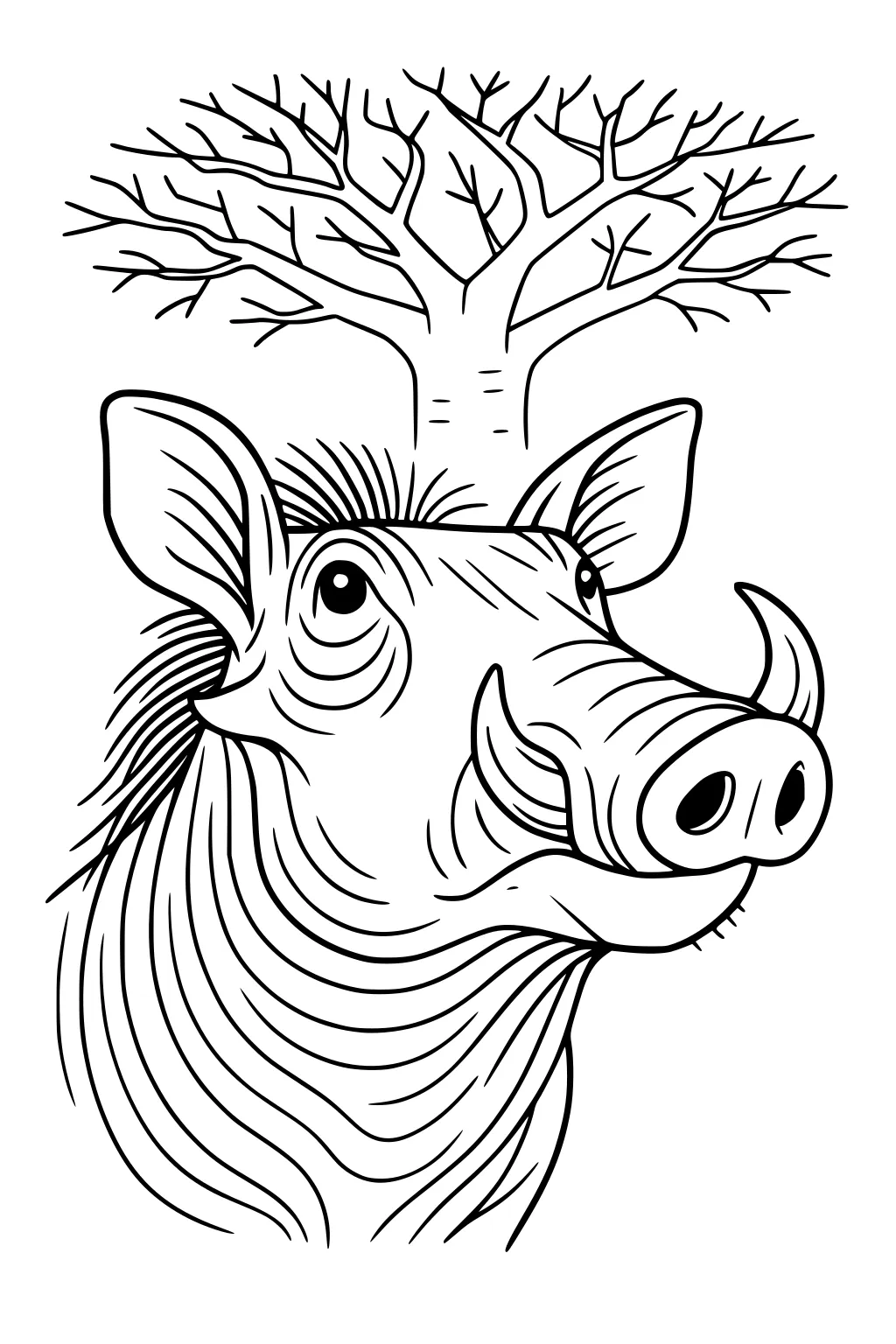 Warthog with tusks and spiky hair under a baobab tree with bare branches.