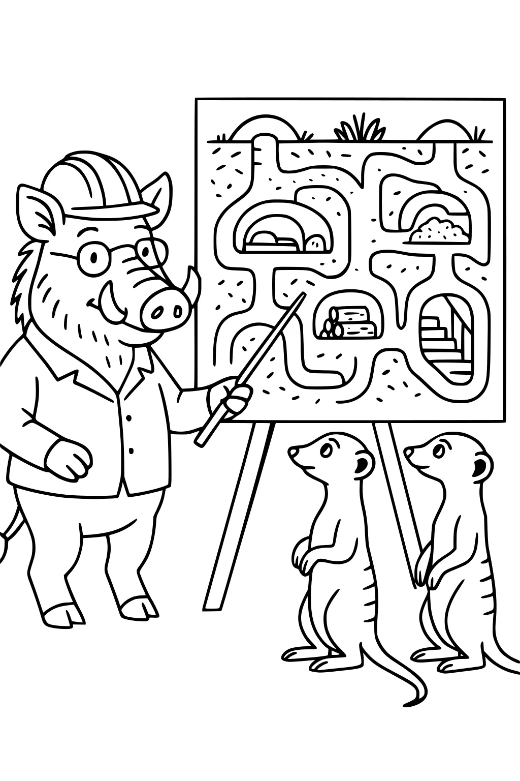 Warthog teacher with glasses and hard hat points to underground tunnel map while two meerkats listen.